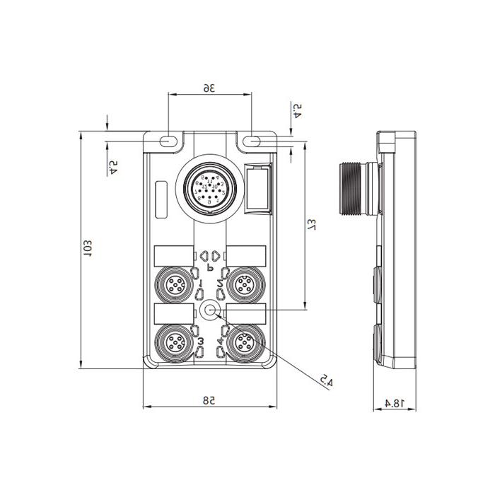 M12 junction box, single channel, Without LED, 4-port split, M23 integrated interface base, 24W4CT