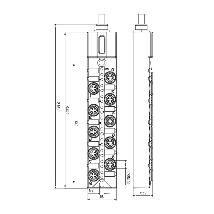 M8 junction box, single channel, NPN, 10-port all-in-one, LED, PVC non-flexible cable, gray sheathed, 23NA31-XXX