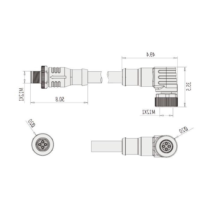 M12 4-PIN S-coded, female 90° turn male straight, double-ended precast PUR flexible cable, black sheath, 64SD45-XXX